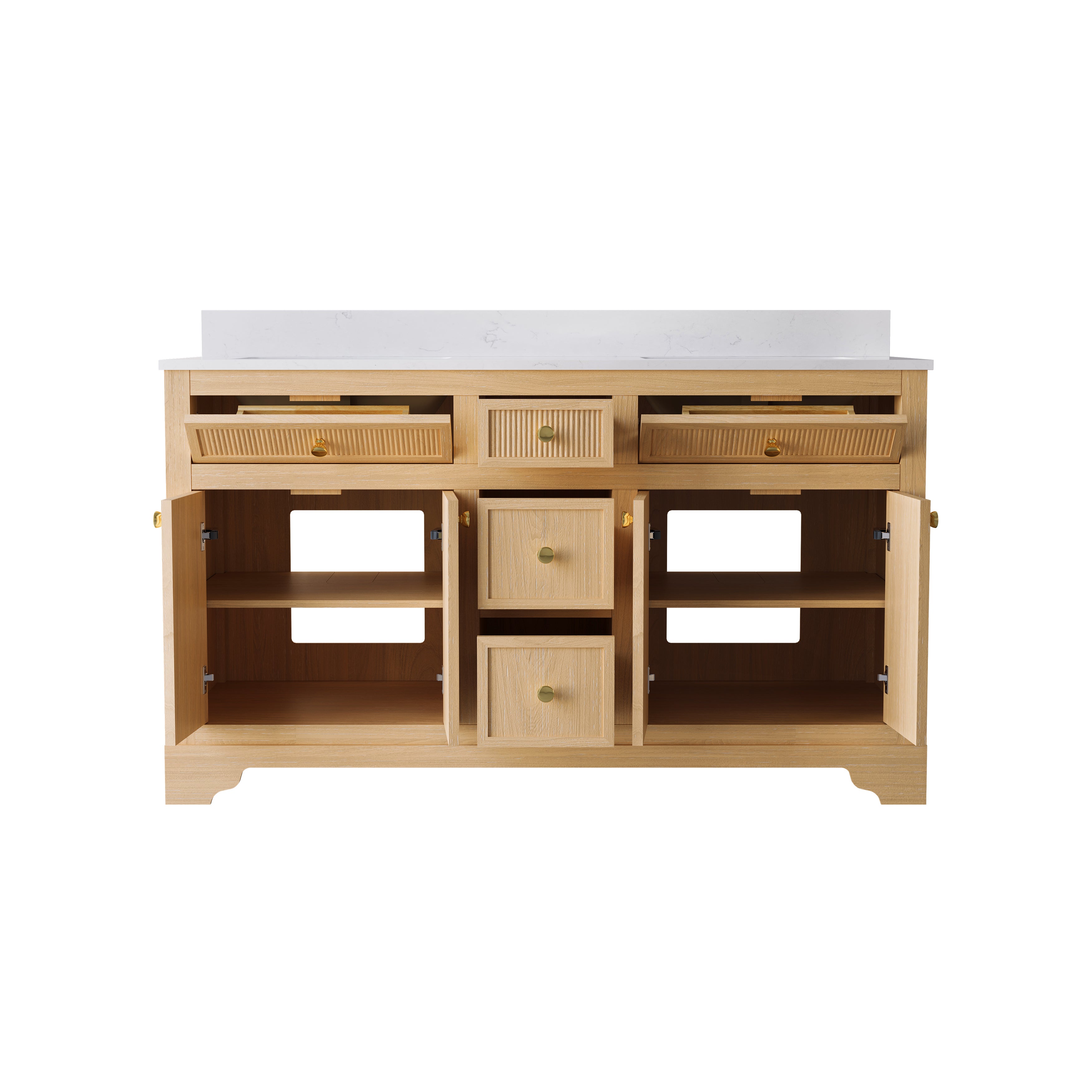 60-Inch Light Wood Freestanding Bathroom Vanity with Carrara White Quartz Top Double Sinks