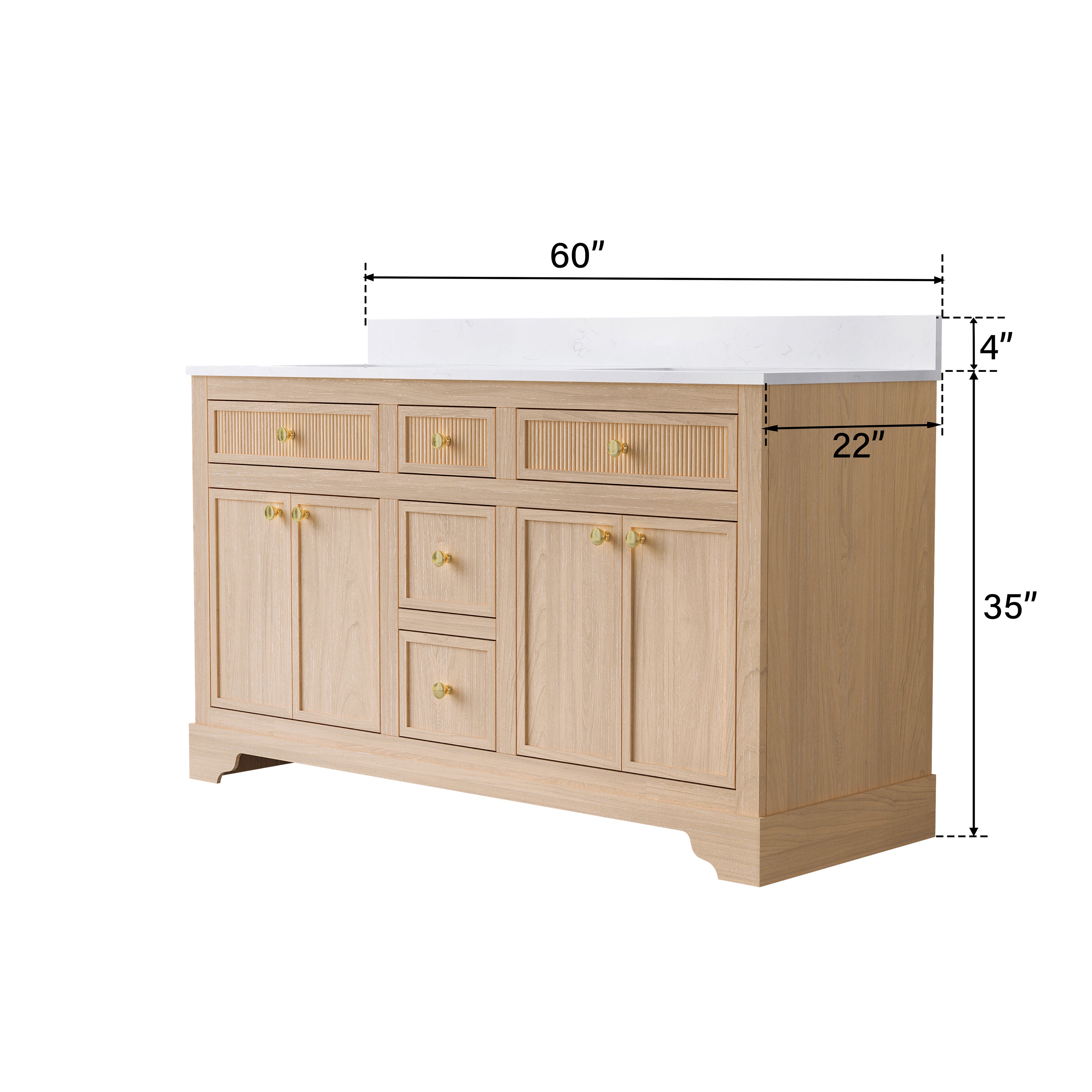 60-Inch Light Wood Freestanding Bathroom Vanity with Carrara White Quartz Top Double Sinks