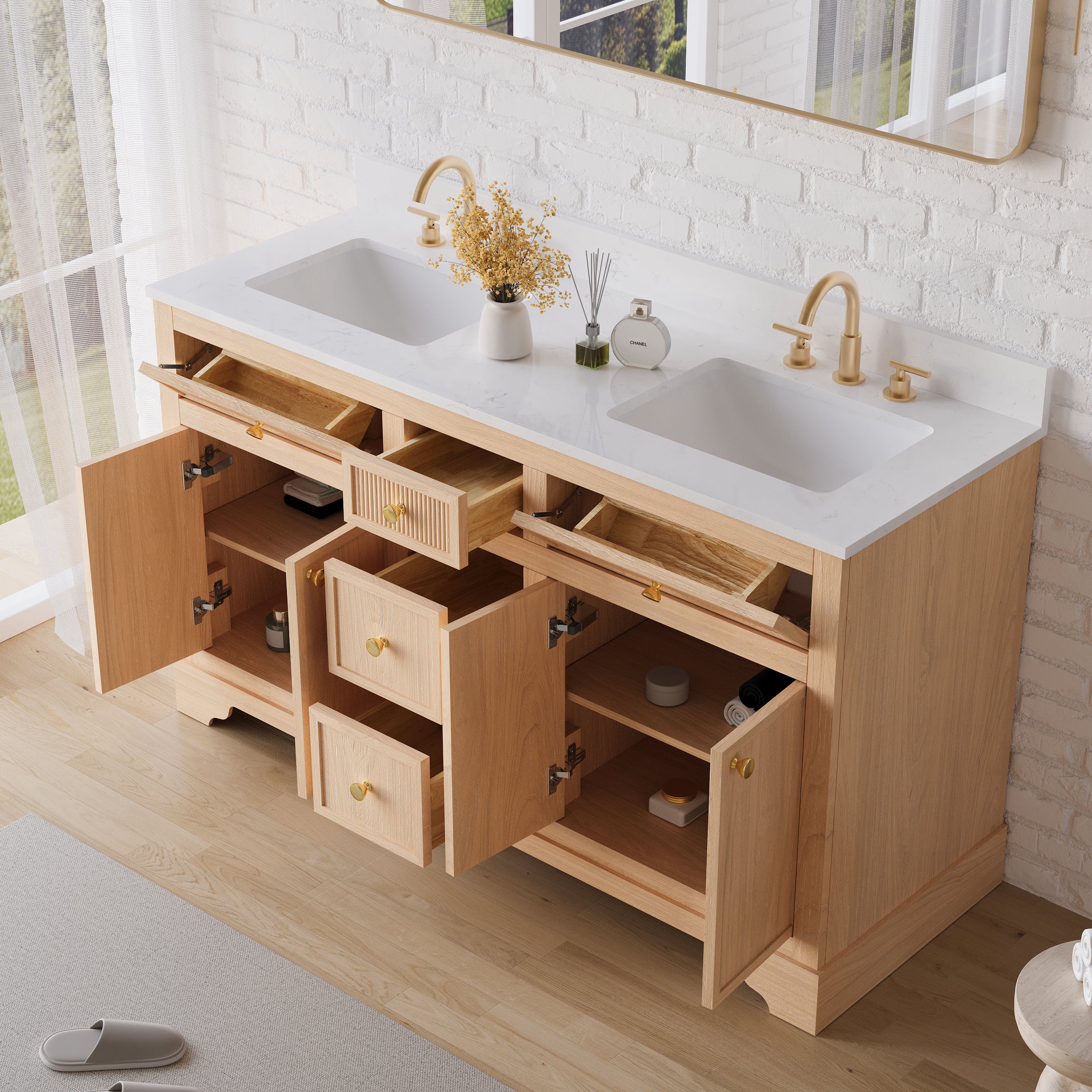60-Inch Light Wood Freestanding Bathroom Vanity with Carrara White Quartz Top Double Sinks