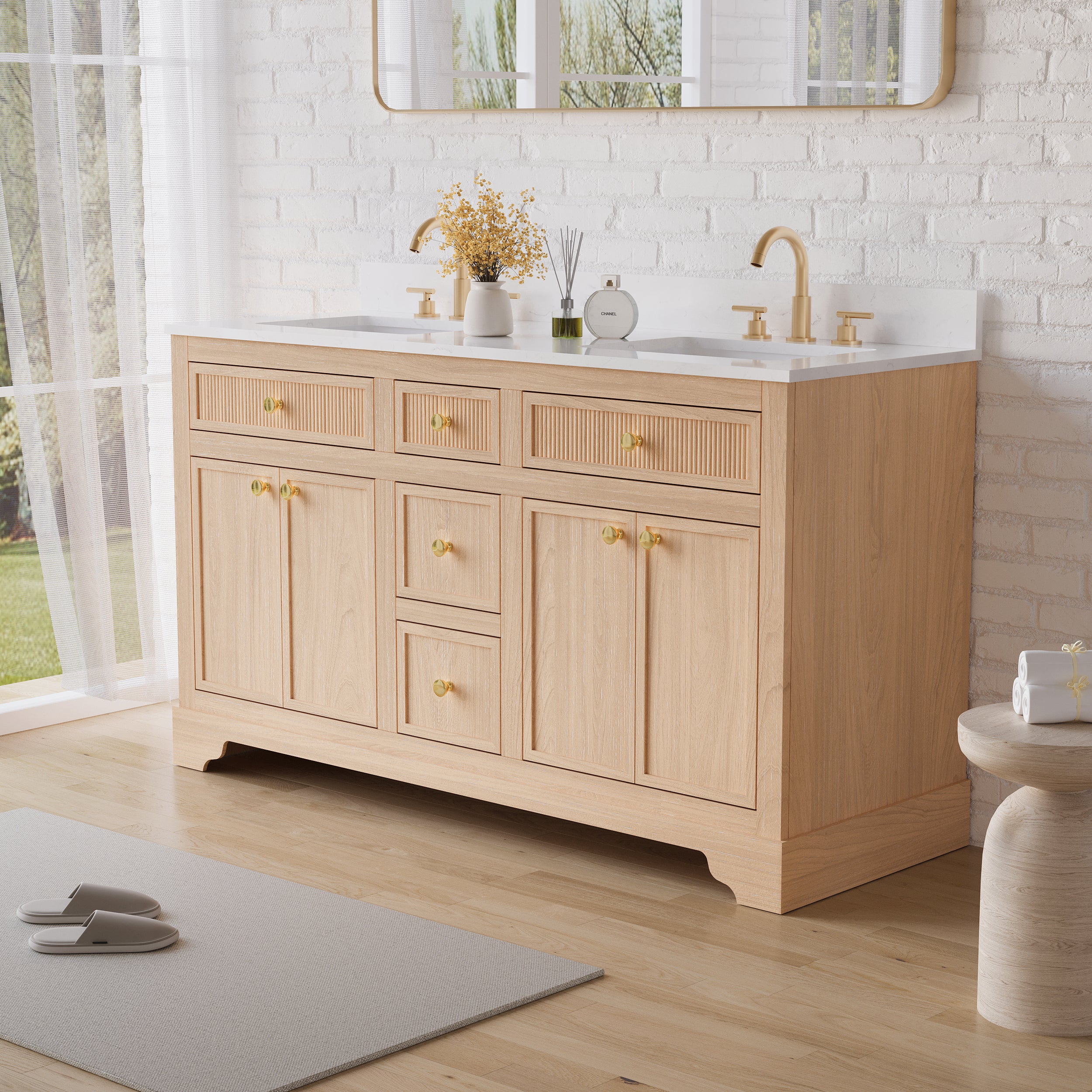 60-Inch Light Wood Freestanding Bathroom Vanity with Carrara White Quartz Top Double Sinks