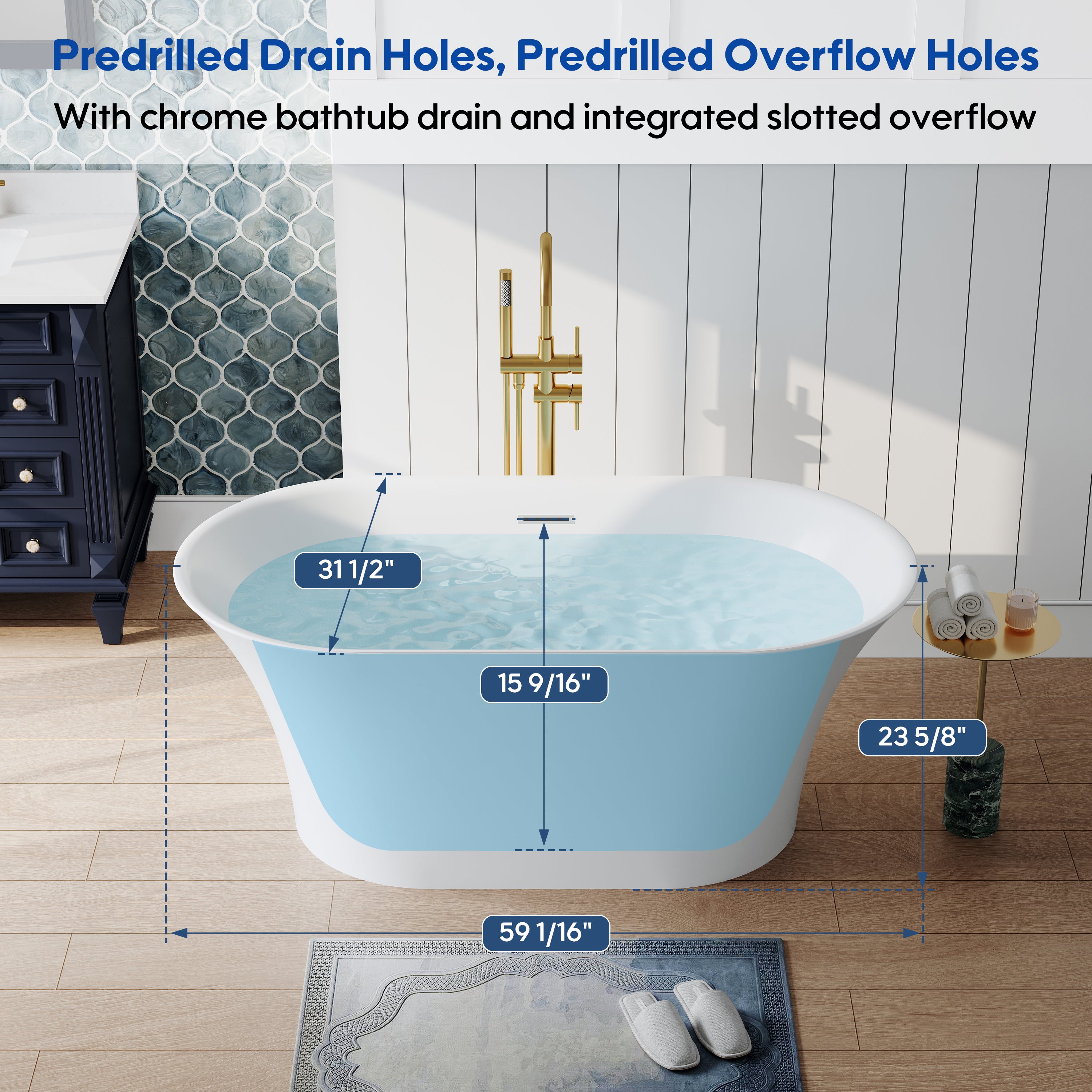 59" Acrylic Freestanding Bathtub Contemporary 66GAL Soaking Tub in Glossy White
