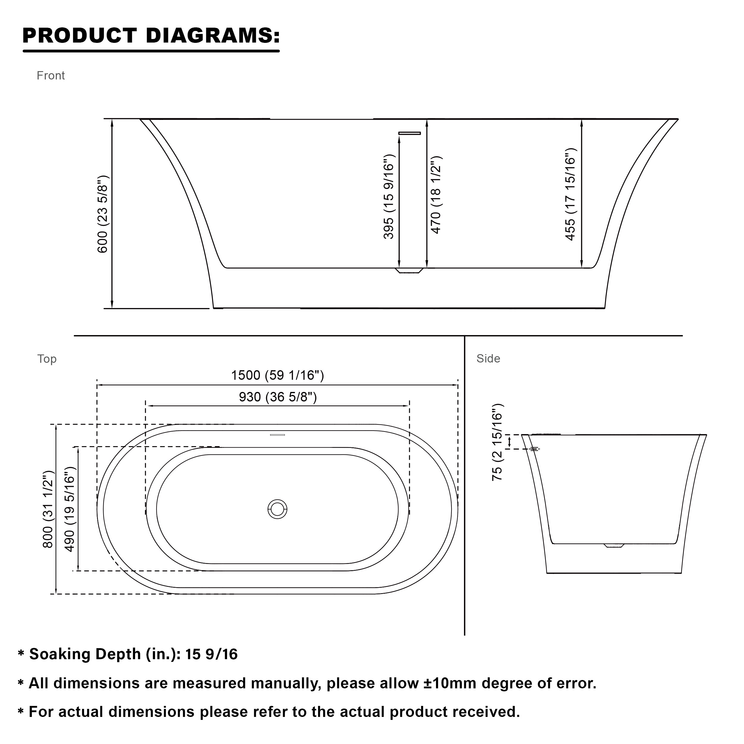 59" Acrylic Freestanding Bathtub Contemporary 66GAL Soaking Tub in Glossy White