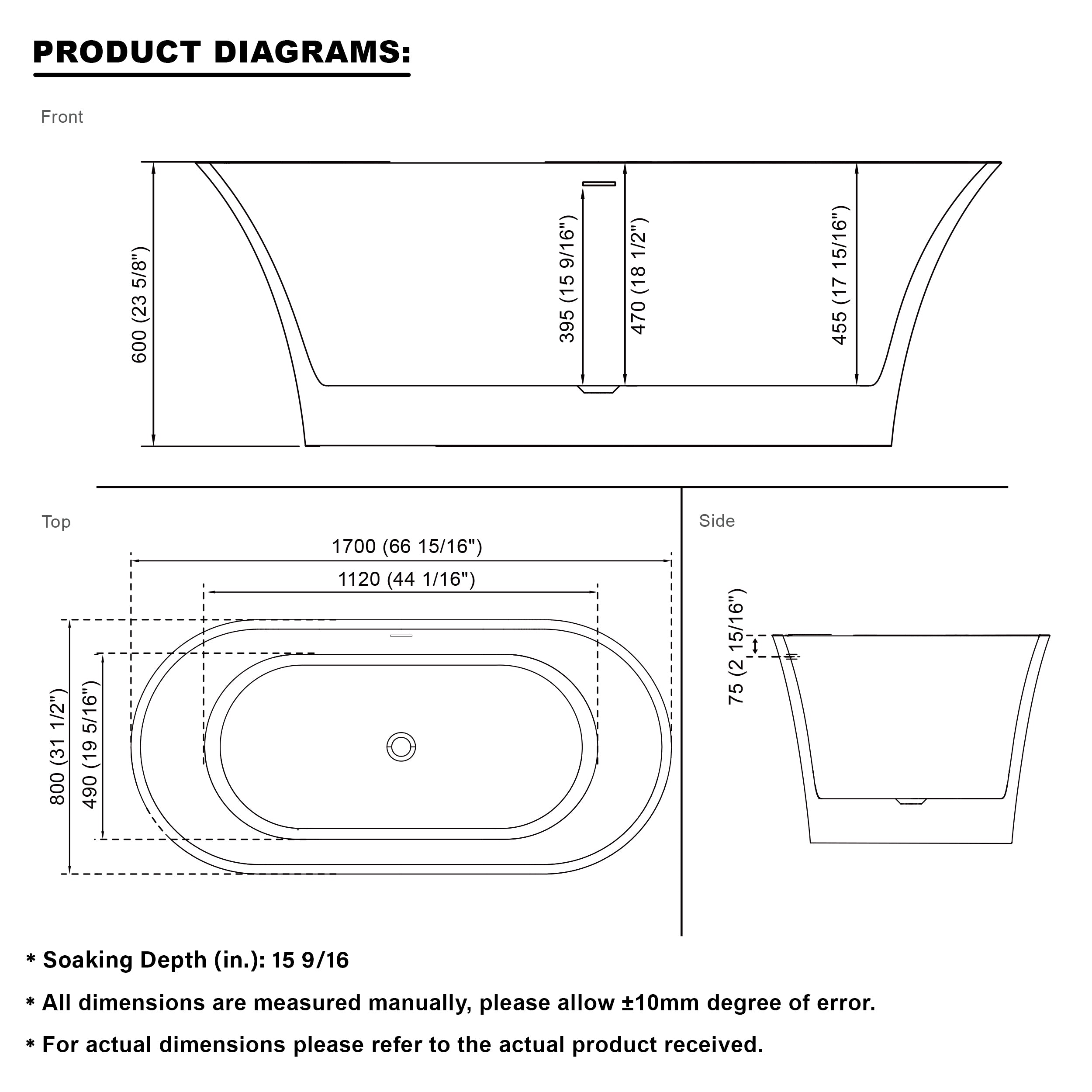 67" Acrylic Freestanding Bathtub Contemporary 71GAL Soaking Tub in Glossy White