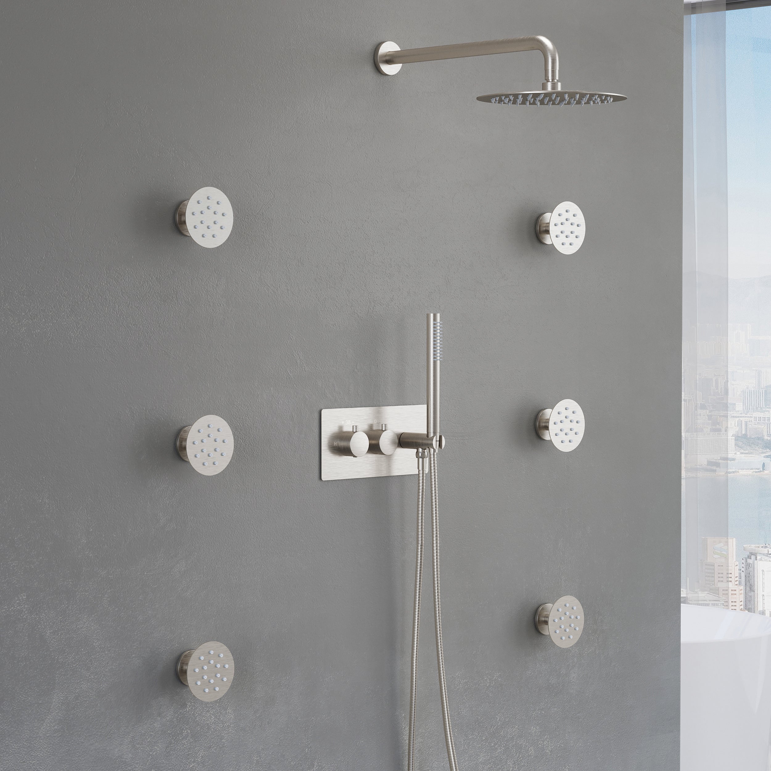 Thermostatic 3-Function Shower System with 10" Ultra-Thin Round Shower Head, Handheld & Body Jets, Solid 304 Stainless Steel