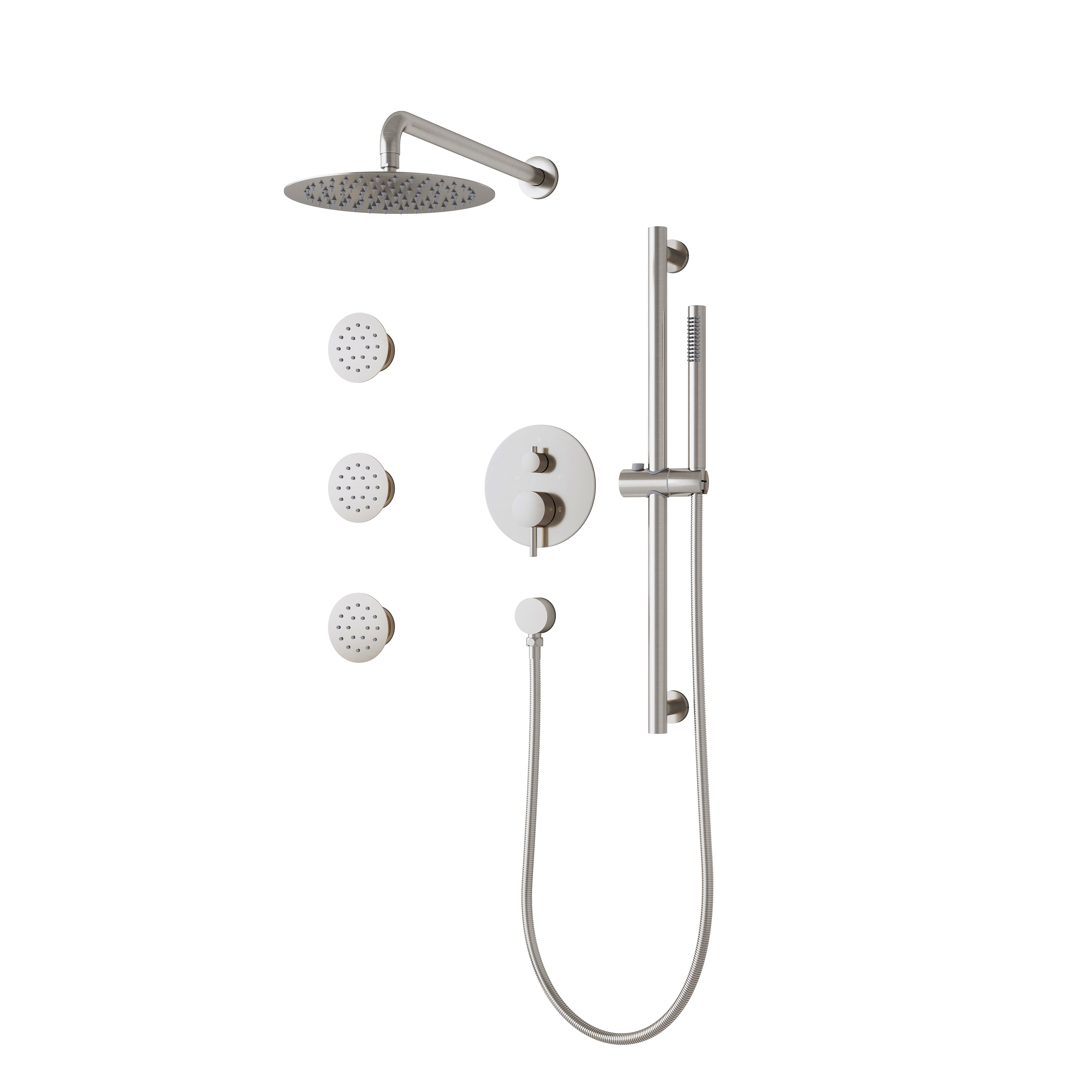Wall-Mounted 10” Round Shower Set with Sliding Bar, Ultra-Thin Body Jets & Hand Shower, 3-Way Pressure Balance Valve, 304 Stainless Steel