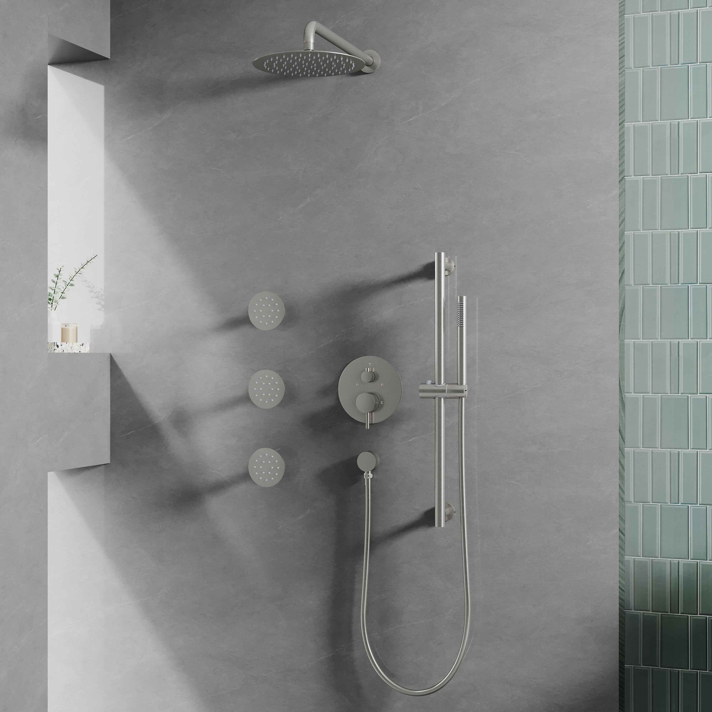 Wall-Mounted 10” Round Shower Set with Sliding Bar, Ultra-Thin Body Jets & Hand Shower, 3-Way Pressure Balance Valve, 304 Stainless Steel