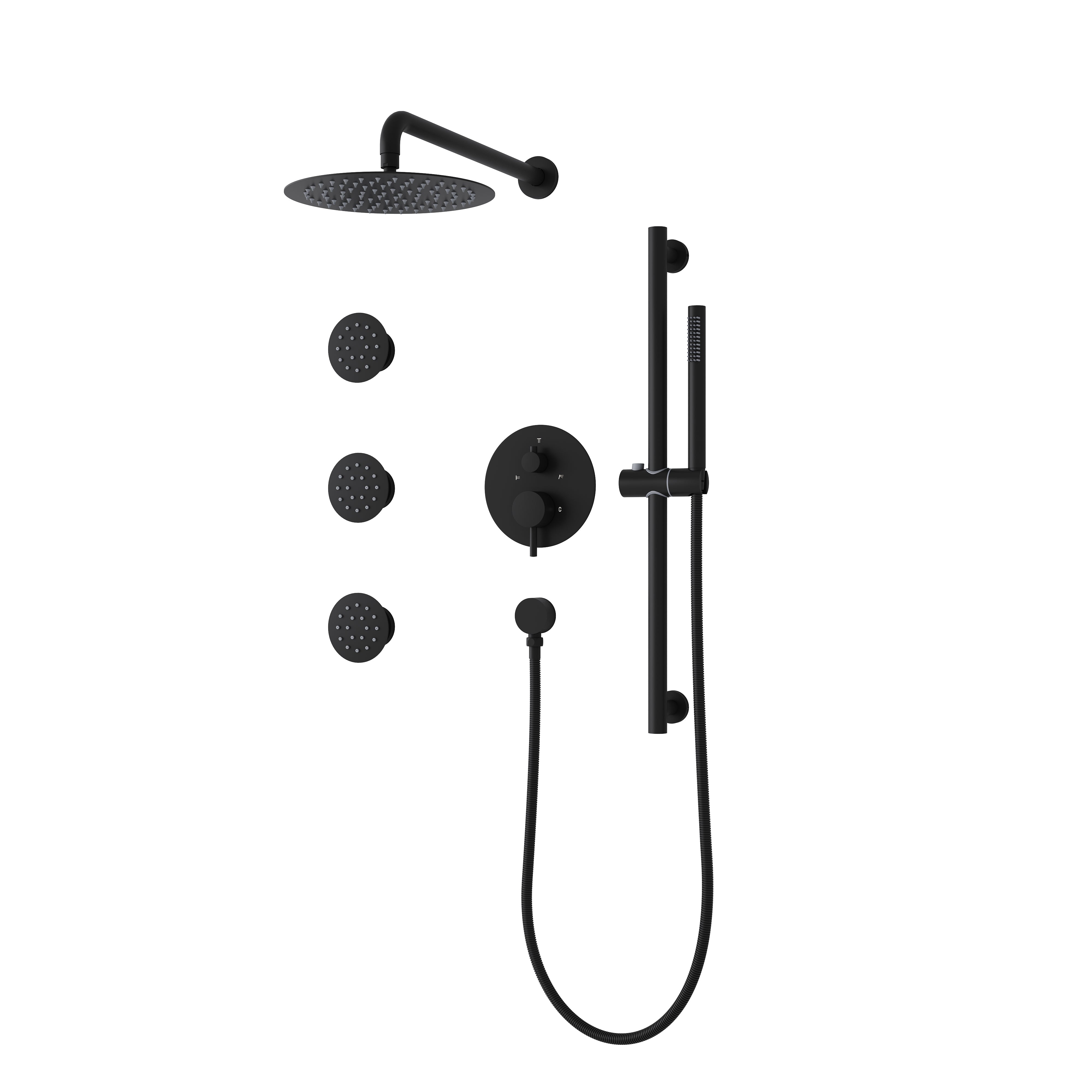 Wall-Mounted 10” Round Shower Set with Sliding Bar, Ultra-Thin Body Jets & Hand Shower, 3-Way Pressure Balance Valve, 304 Stainless Steel