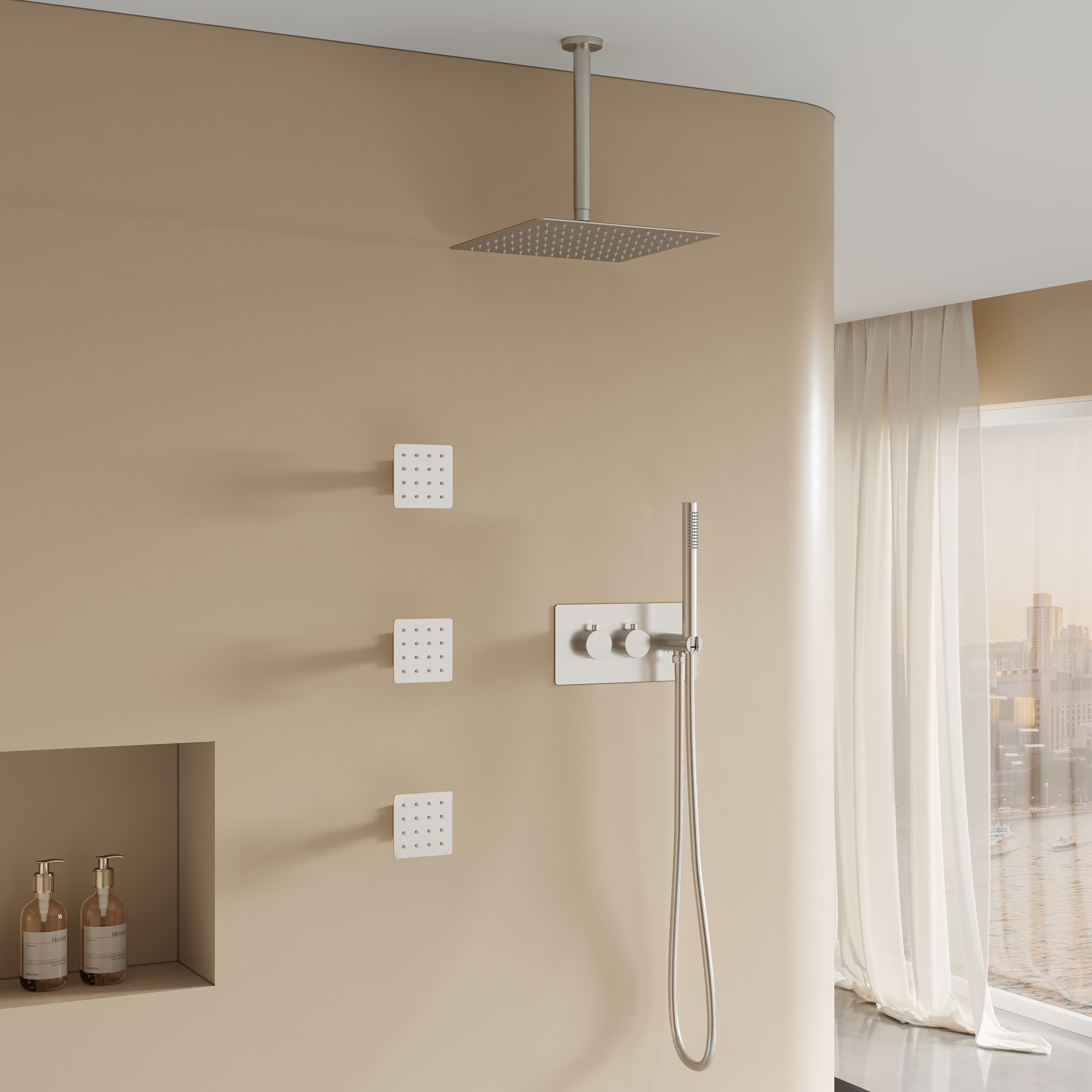 12-Inch Thermostatic Ceiling-Mount Shower System with Handheld & Square Body Jets, Luxury 3-Function Set, Vernet Cartridge