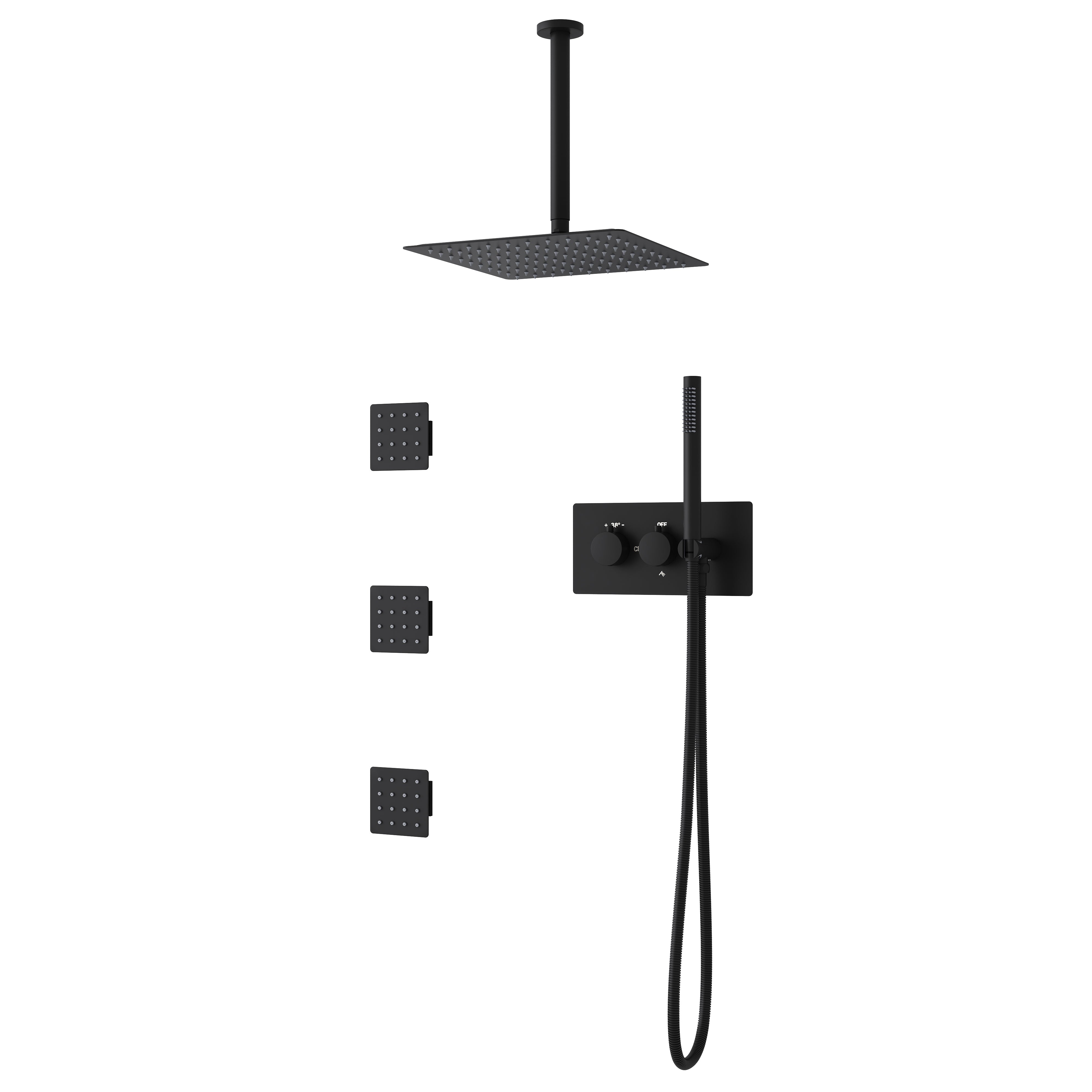 12-Inch Thermostatic Ceiling-Mount Shower System with Handheld & Square Body Jets, Luxury 3-Function Set, Vernet Cartridge