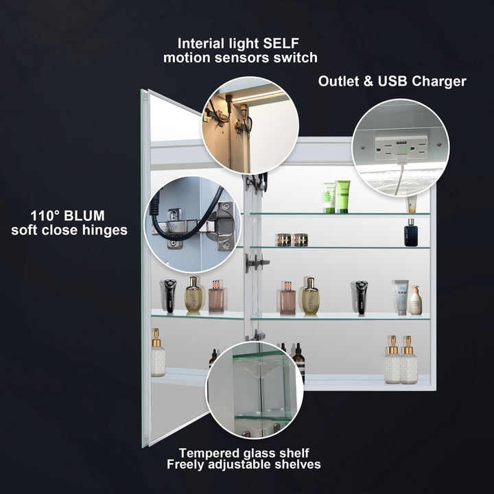 20" x 30" LED Lighted Surface/Recessed Mount Silver Mirrored Medicine Cabinet with Outlet left Side