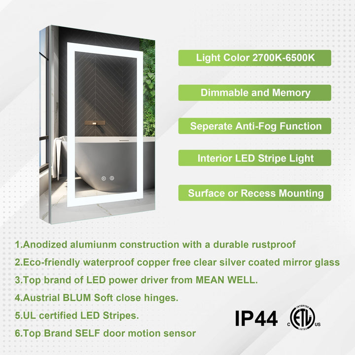 20" x 30" LED Lighted Surface/Recessed Mount Silver Mirrored Medicine Cabinet with Outlet left Side