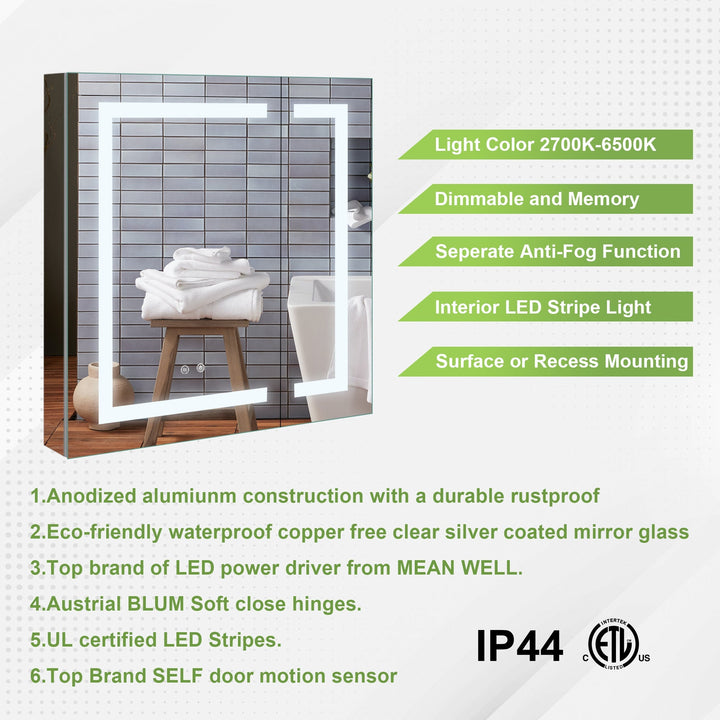 30" x 30" Lighted LED Surface/Recessed Mount Mirror Rectangle Bathroom Medicine Cabinet with Outlet
