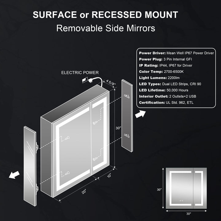 30" x 30" Lighted LED Surface/Recessed Mount Mirror Rectangle Bathroom Medicine Cabinet with Outlet