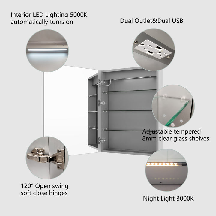 20" W x 32" H Recessed/Surface Bathroom Light Narrow Mirrored Medicine Cabinets with Outlet left Side