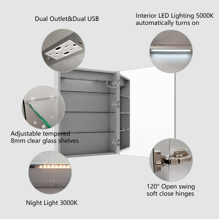 20" W x 32" H Recessed/Surface Bathroom Light Narrow Mirrored Medicine Cabinets with Outlet Right Side