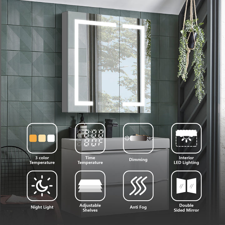 30" W x 32" H Led Lighted Mirror Medicine Cabinet Recessed or Surface Mount with Defog