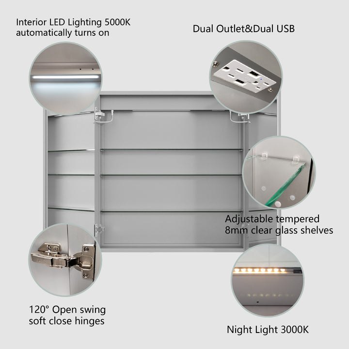 30" W x 32" H Led Lighted Mirror Medicine Cabinet Recessed or Surface Mount with Defog