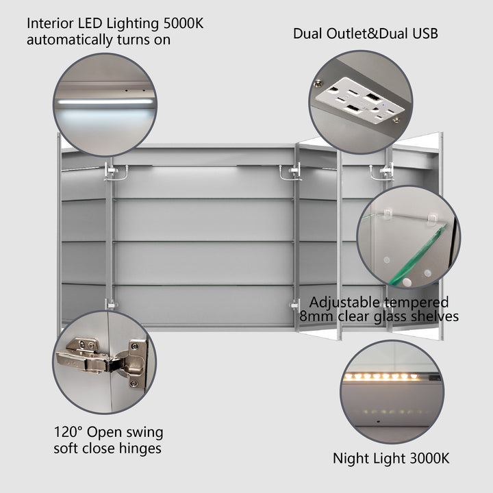 48" W x 32" H LED Lighted Bathroom Medicine Cabinet with Mirror Recessed or Surface
