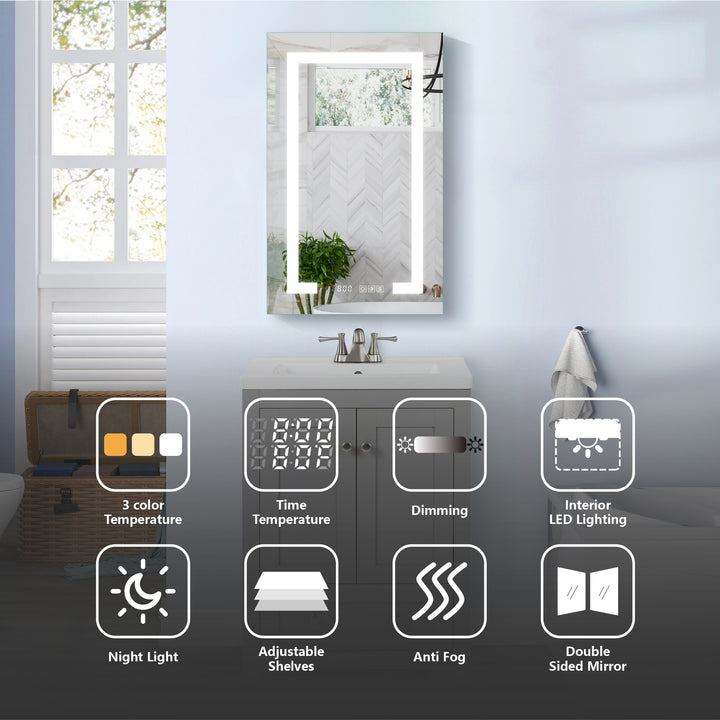 24" W x 32" H LED Lighted Bathroom Medicine Cabinet with Mirror and Clock with Outlet left Side