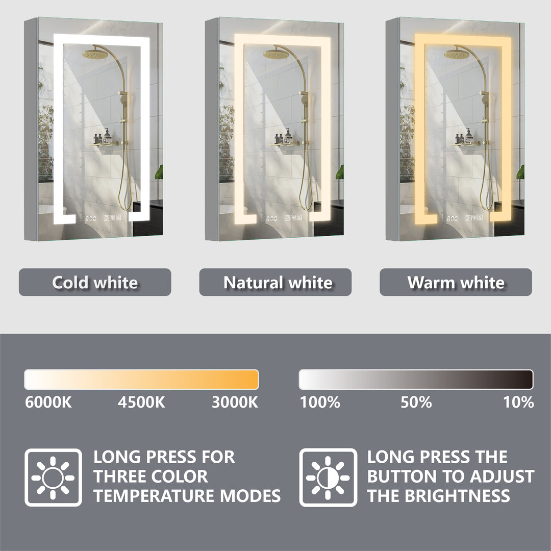 24" W x 32" H LED Lighted Bathroom Medicine Cabinet with Mirror and Clock with Outlet left Side