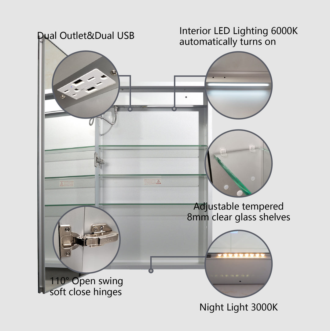 24" W x 32" H LED Lighted Bathroom Medicine Cabinet with Mirror and Clock with Outlet left Side