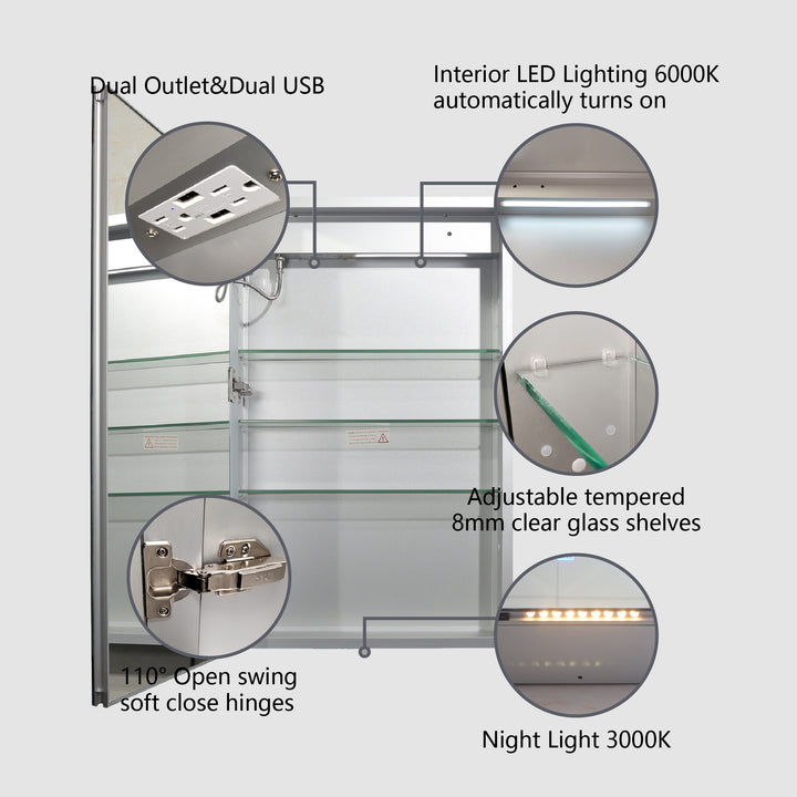 24" W x 32" H LED Lighted Bathroom Medicine Cabinet with Mirror and Clock with Outlet left Side