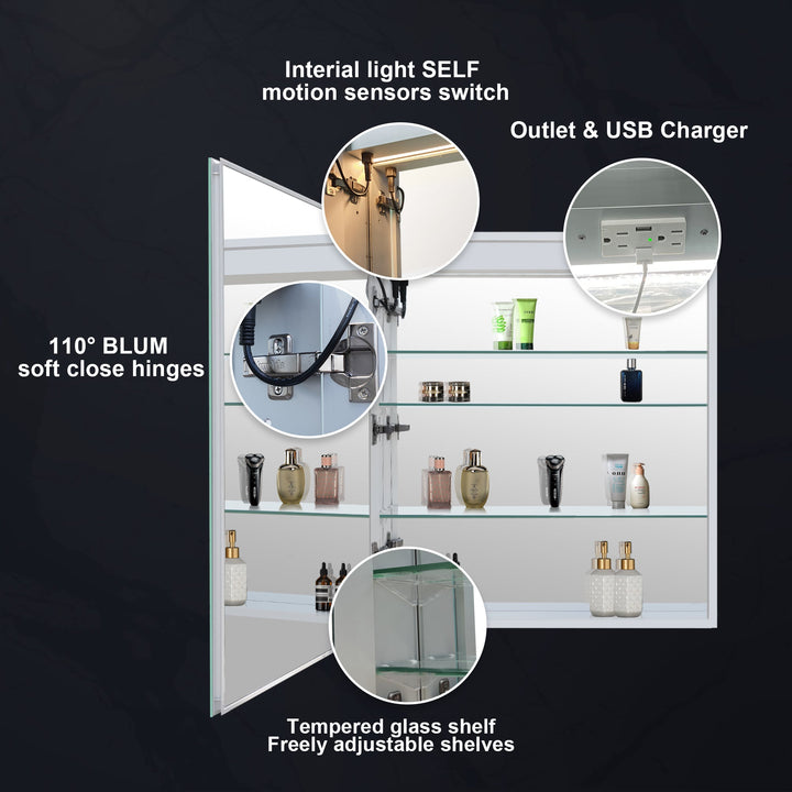 24 in. x 30 in. LED Lighted Surface/Recessed Mount Mirror Medicine Cabinet with Outlet left Side