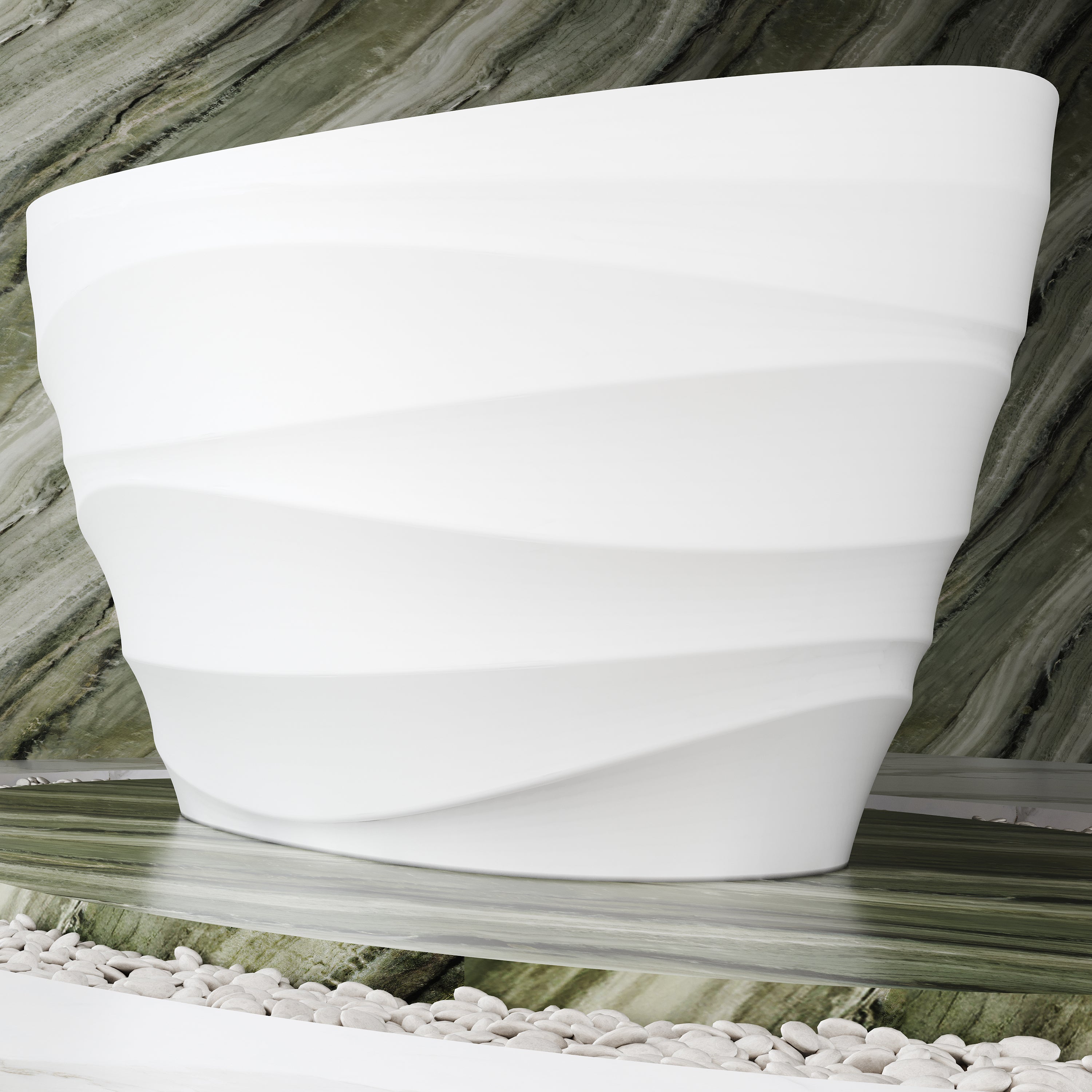 62" Freestanding Bathtub with Unique Ripple Texture, Modern Solid surface Soaking Tub with Overflow & Drain, Matte White