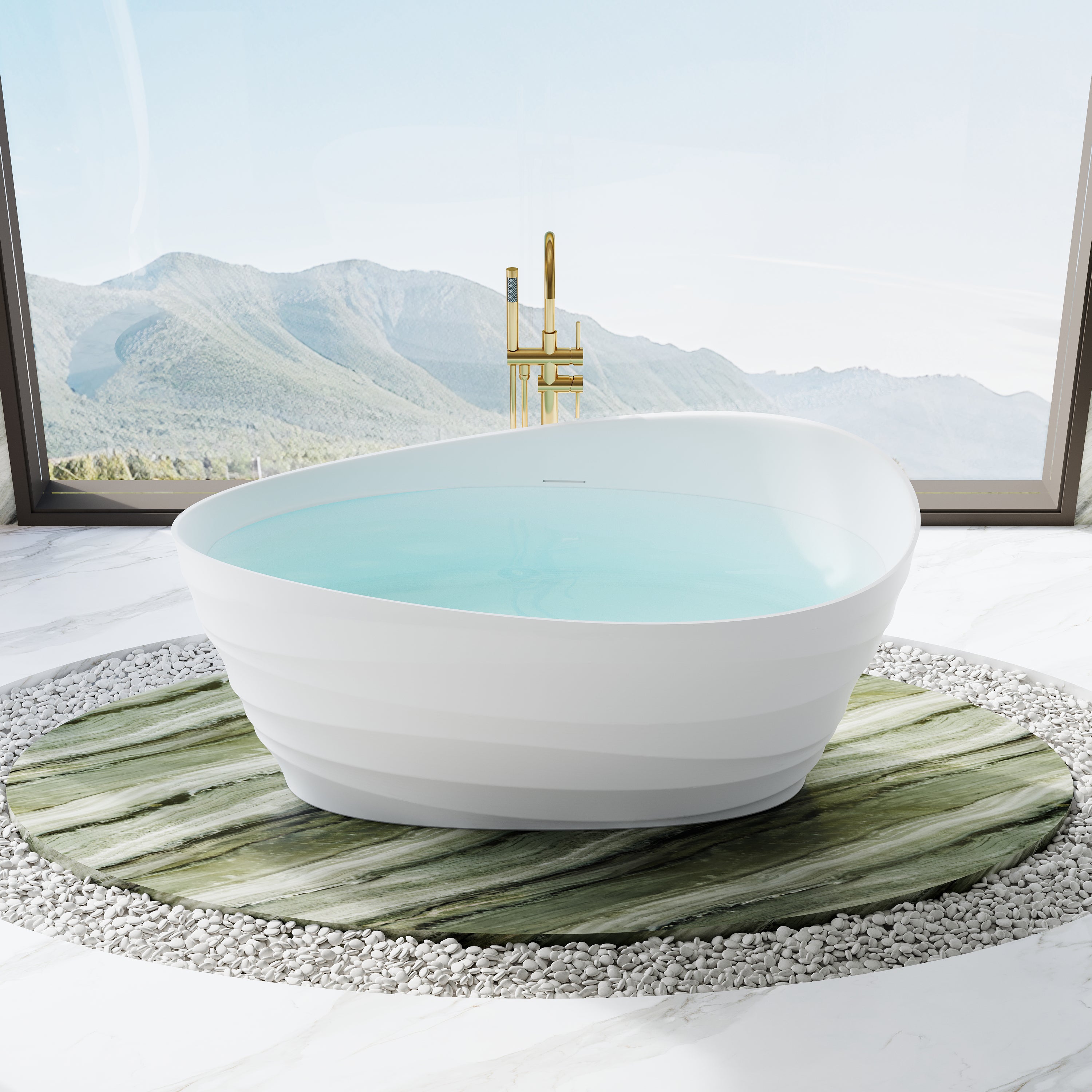 62" Freestanding Bathtub with Unique Ripple Texture, Modern Solid surface Soaking Tub with Overflow & Drain, Matte White