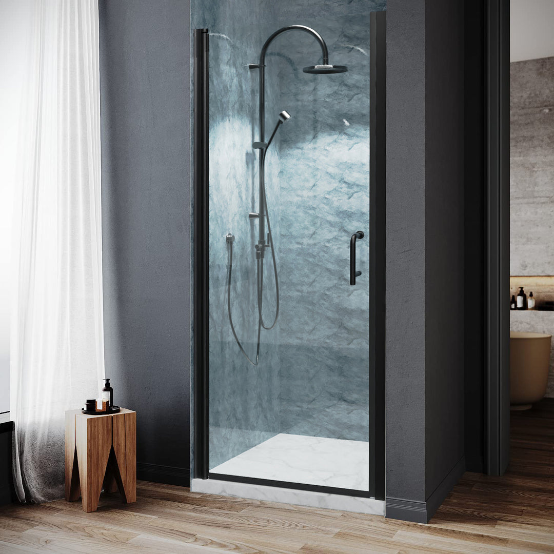 30" W x 72" H Pivot Shower Door Matte Black Frosted Glass Shower Door with Handle