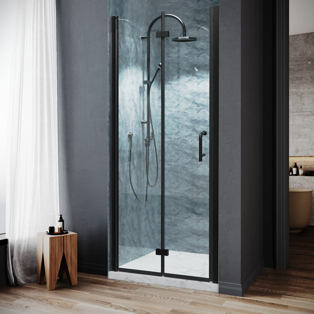 30" W x 72" H Folding Shower Door Matte Black Semi-Frameless Hinged Shower Door with Handle