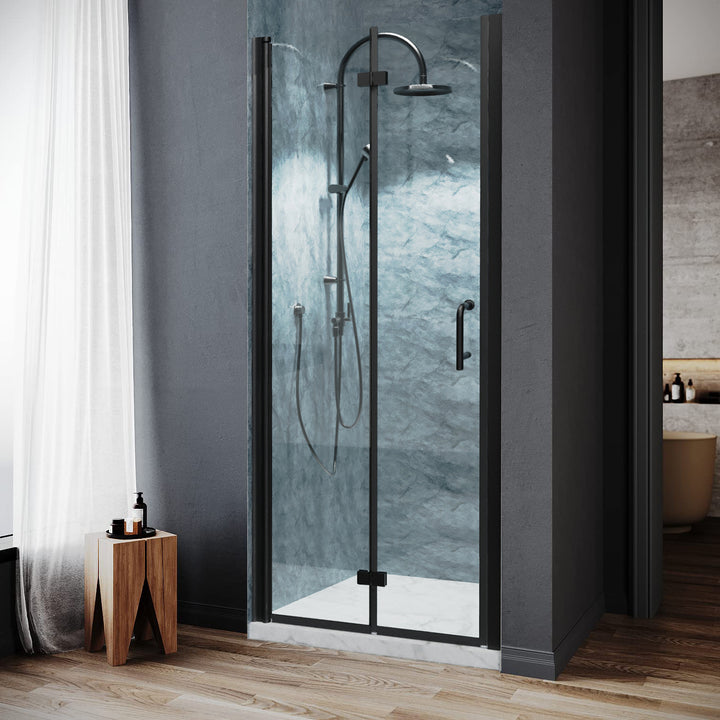 30" W x 72" H Folding Shower Door Matte Black Semi-Frameless Hinged Shower Door with Handle