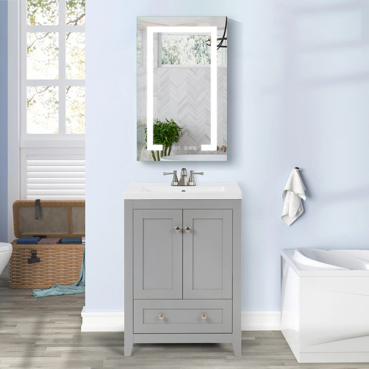 24" W x 32" H LED Lighted Bathroom Medicine Cabinet with Mirror and Clock with Outlet left Side