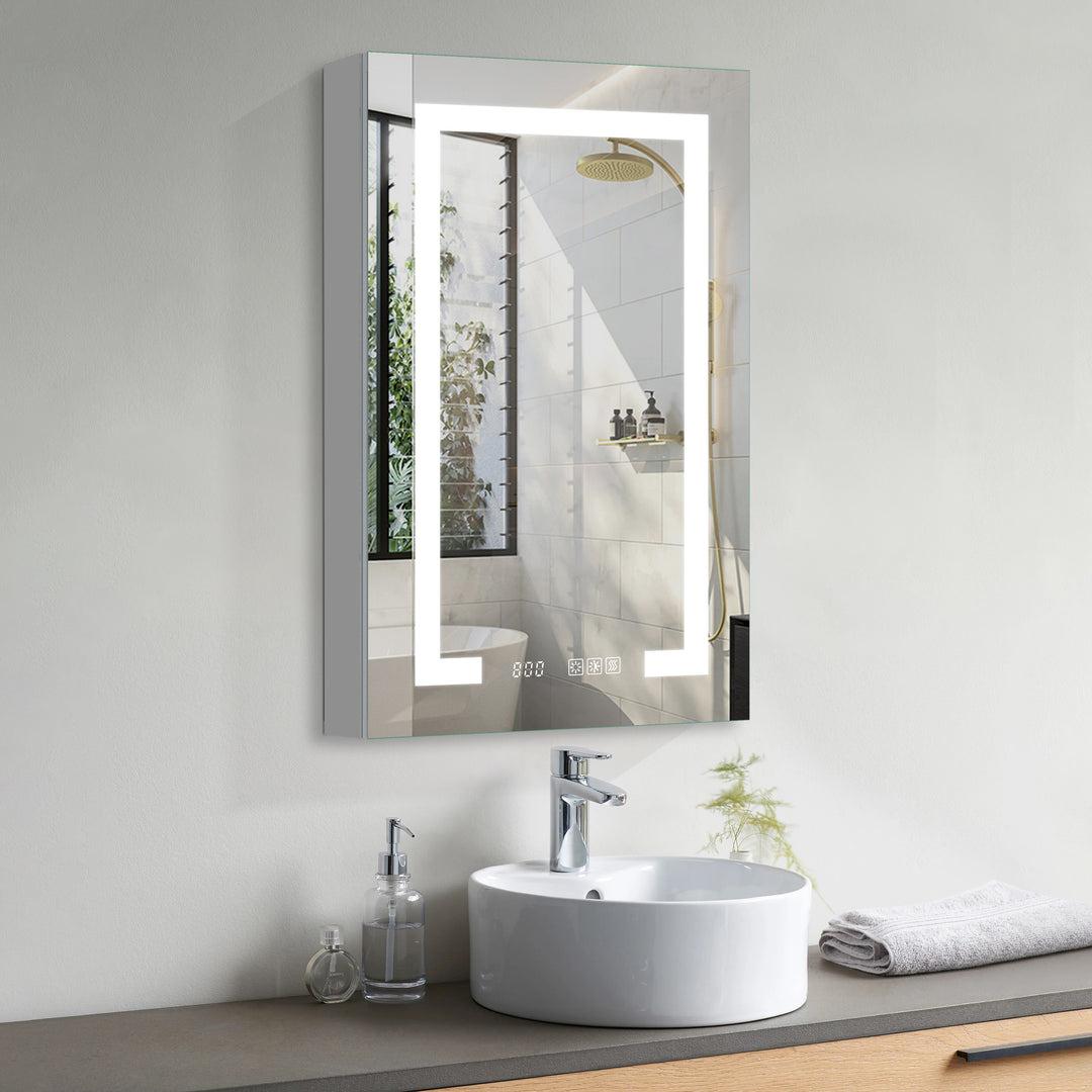 24" W x 32" H LED Lighted Bathroom Medicine Cabinet with Mirror and Clock with Outlet Right Side