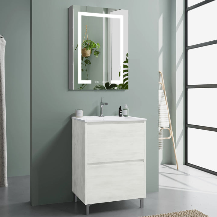 20" W x 32" H Recessed/Surface Bathroom Light Narrow Mirrored Medicine Cabinets with Outlet left Side