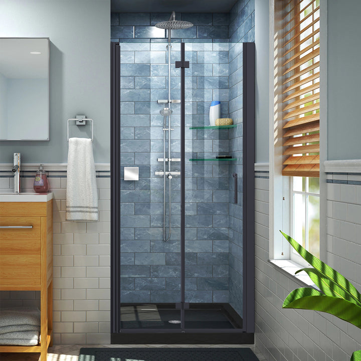36-37 1/2" W x 72" H Bifold Semi-Frameless Swing Shower Door in Black 36 Wide Shower Door