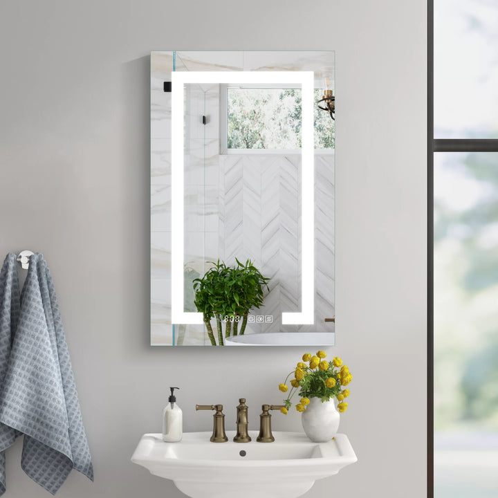 24" W x 32" H LED Lighted Bathroom Medicine Cabinet with Mirror and Clock with Outlet Right Side