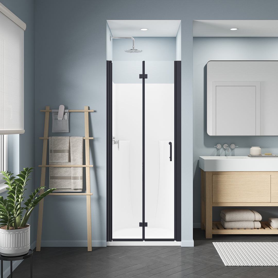 30" W x 72" H Folding Shower Door Matte Black Semi-Frameless Hinged Shower Door with Handle