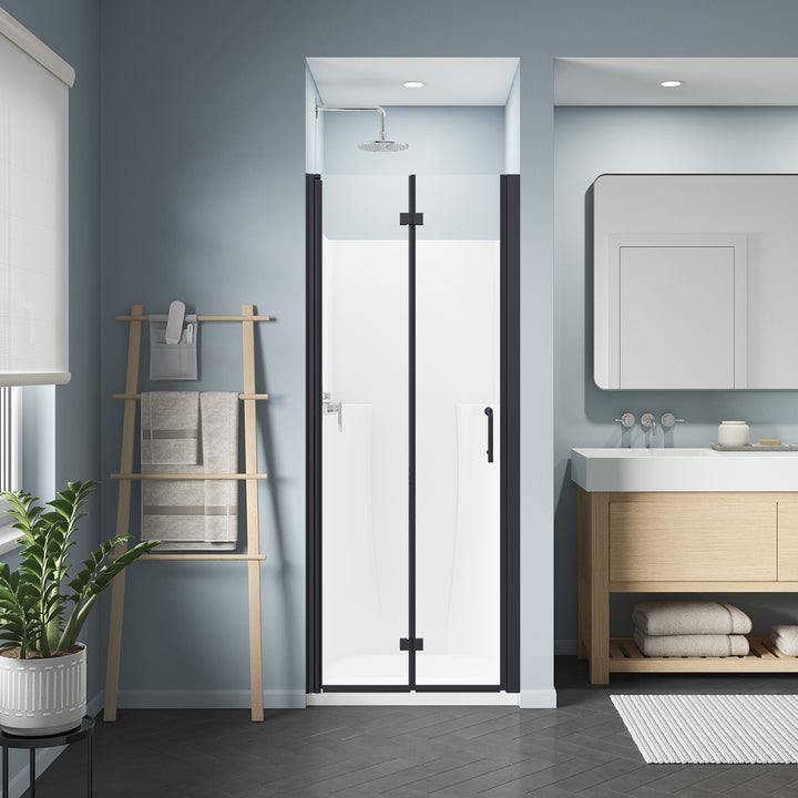 30" W x 72" H Folding Shower Door Matte Black Semi-Frameless Hinged Shower Door with Handle
