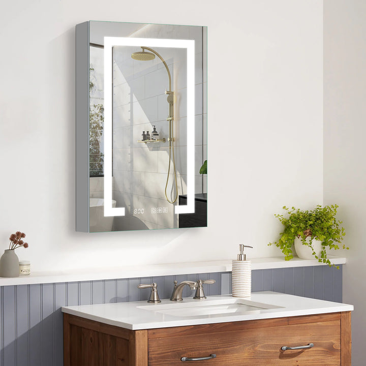 24" W x 32" H LED Lighted Bathroom Medicine Cabinet with Mirror and Clock with Outlet left Side