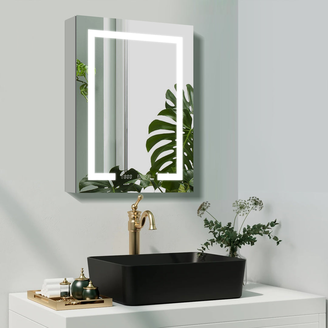 20" W x 32" H Recessed/Surface Bathroom Light Narrow Mirrored Medicine Cabinets with Outlet left Side