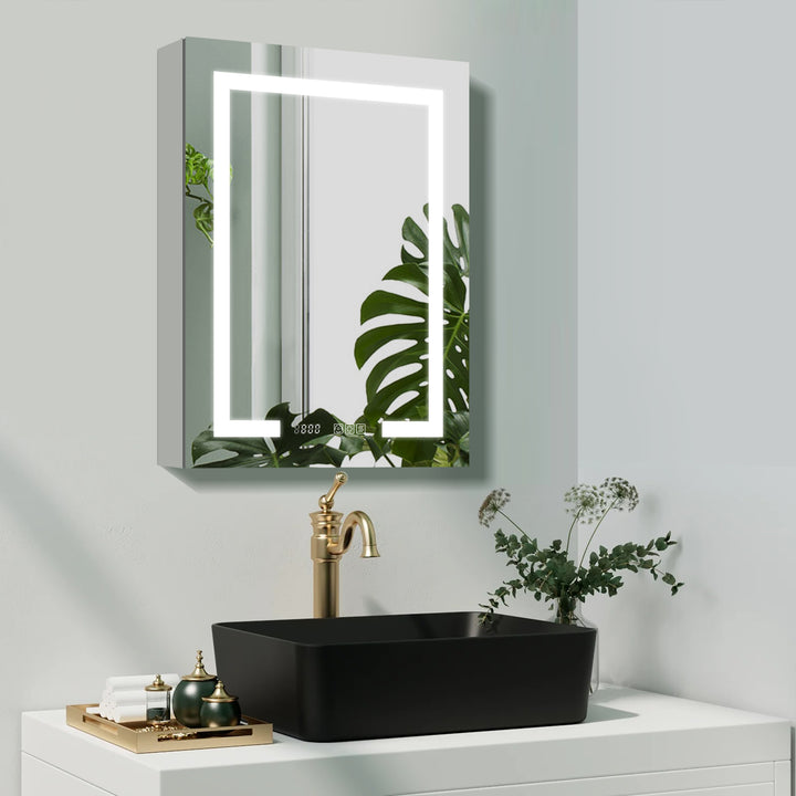 20" W x 32" H Recessed/Surface Bathroom Light Narrow Mirrored Medicine Cabinets with Outlet left Side