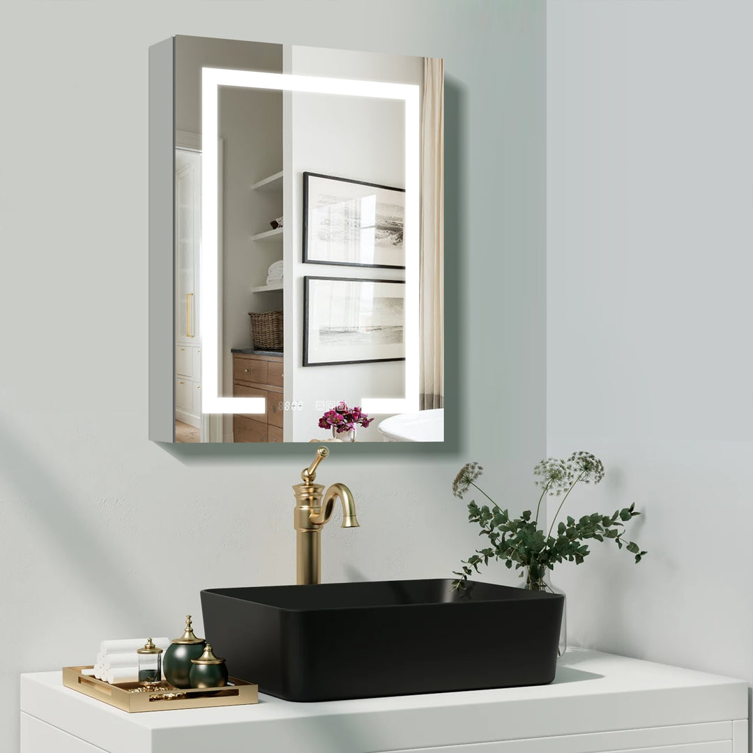20" W x 32" H Recessed/Surface Bathroom Light Narrow Mirrored Medicine Cabinets with Outlet Right Side