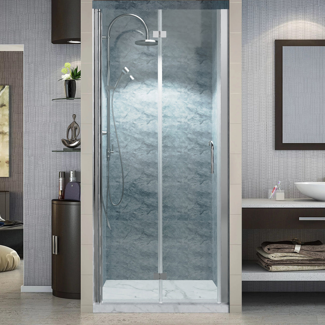 34" W x 72" H Folding Semi-Frameless Swing Hinged Shower Doors in Chrome