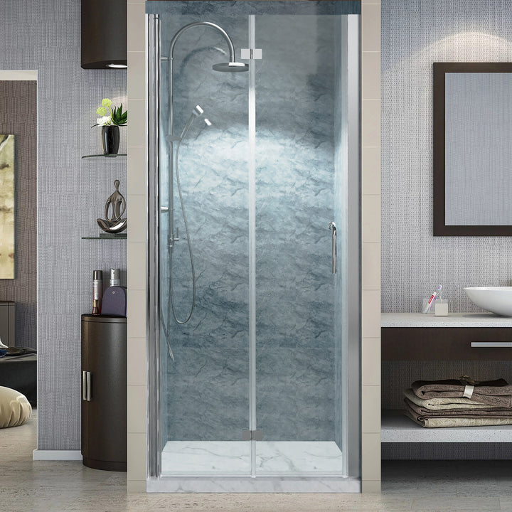 34" W x 72" H Folding Semi-Frameless Swing Hinged Shower Doors in Chrome