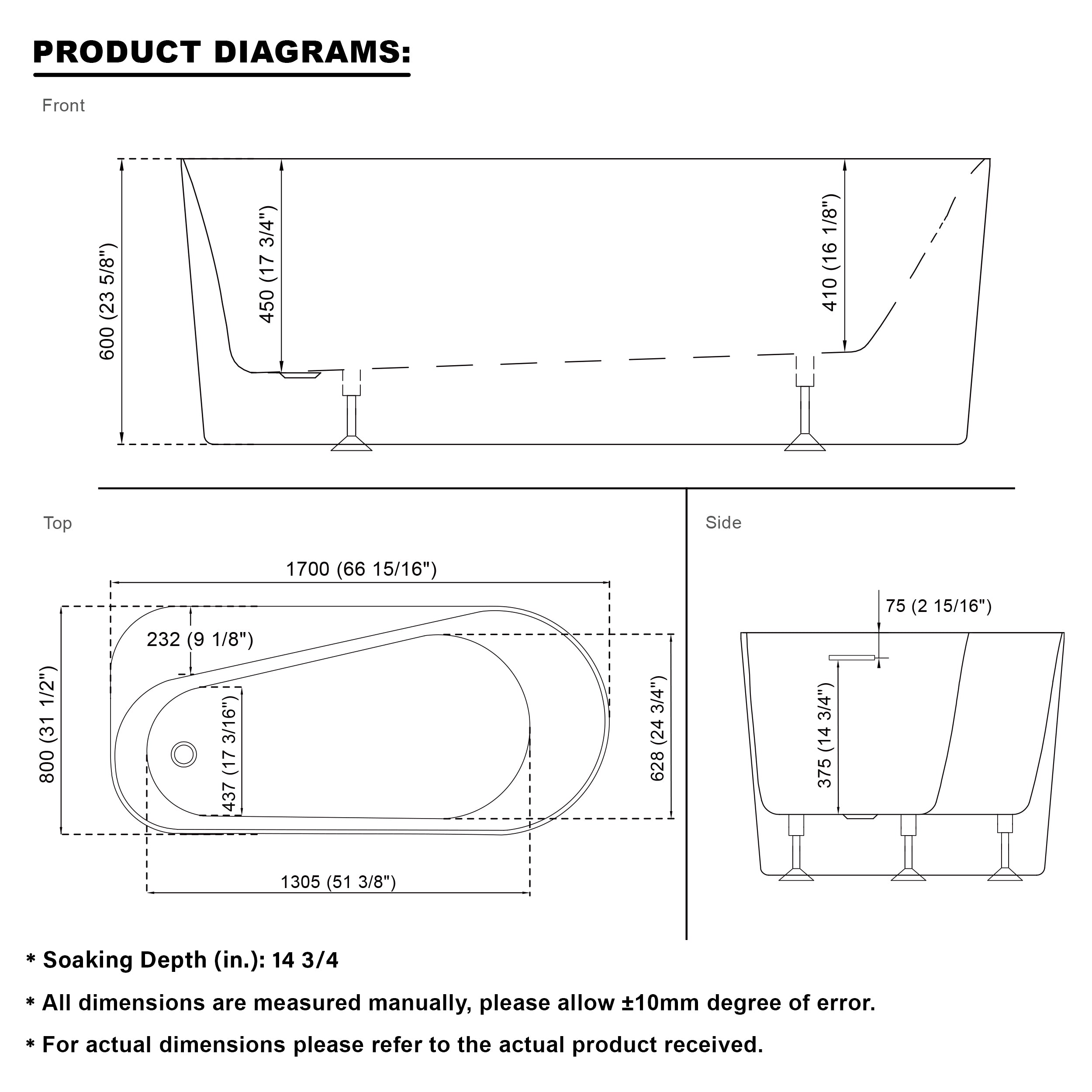 67" Freestanding Acrylic Bathtub Contemporary Soaking Tub in Glossy White