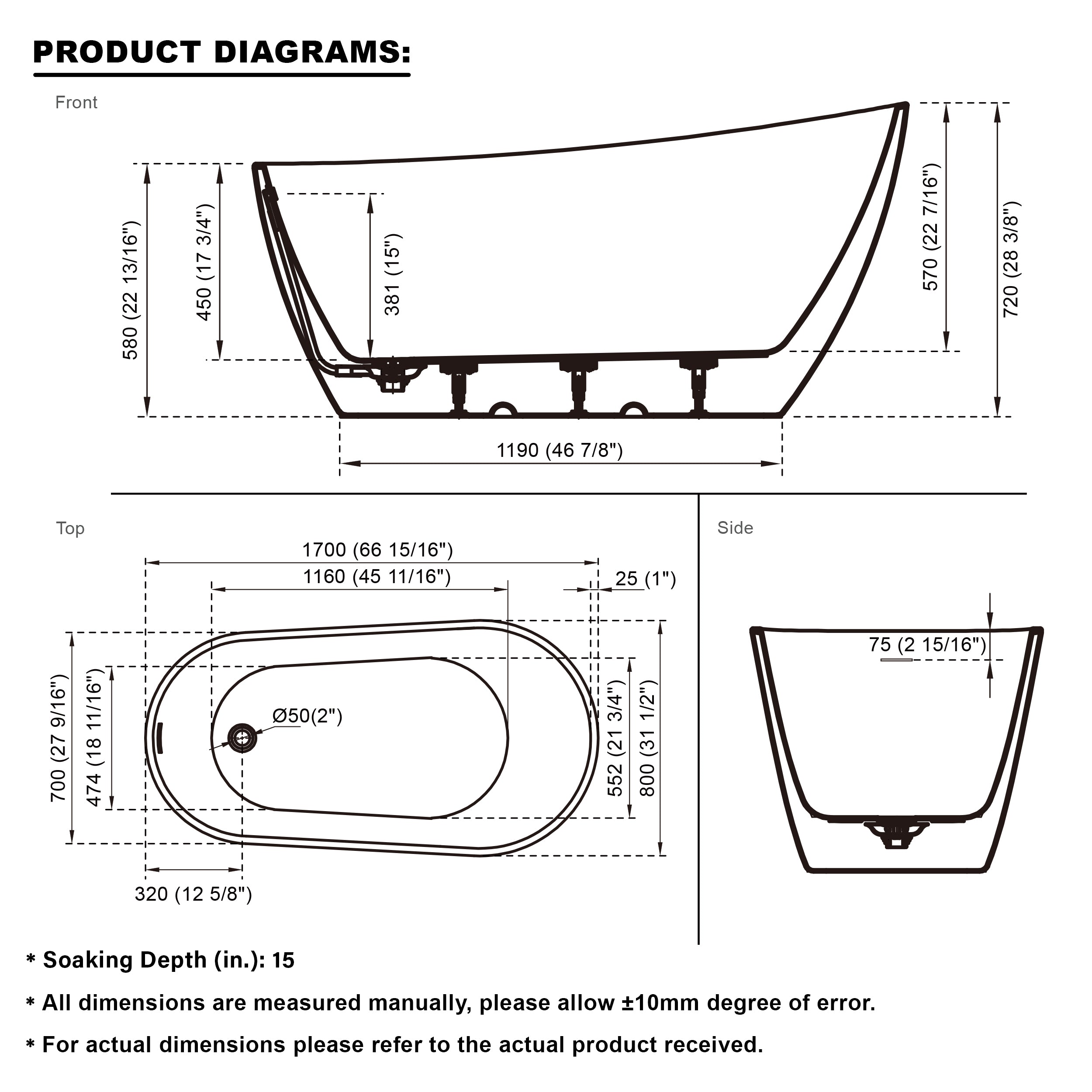 67" Freestanding Acrylic Bathtub with Slotted Overflow in Glossy White