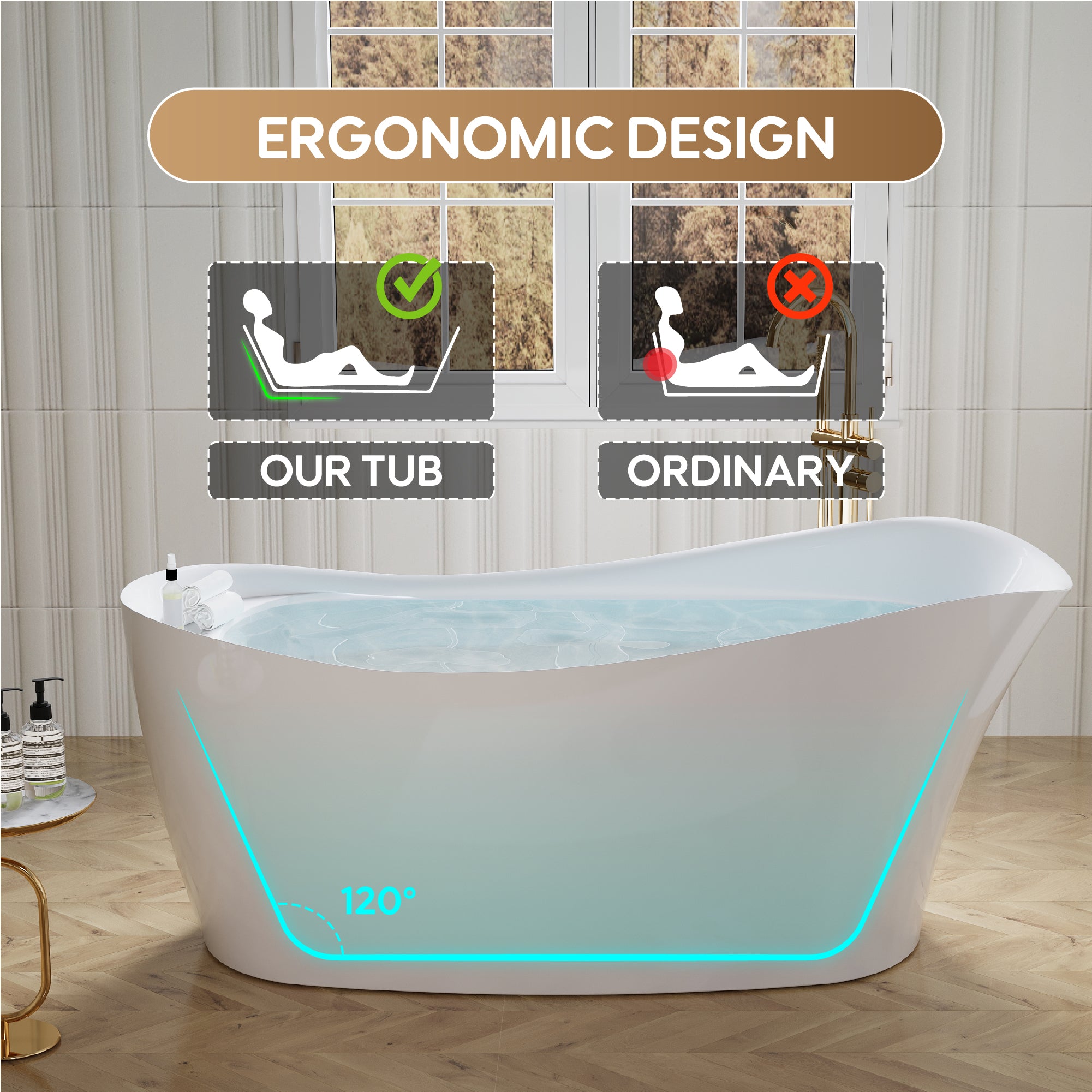69" Freestanding Glossy White Acrylic Bathtub with Slotted Overflow and Drainer