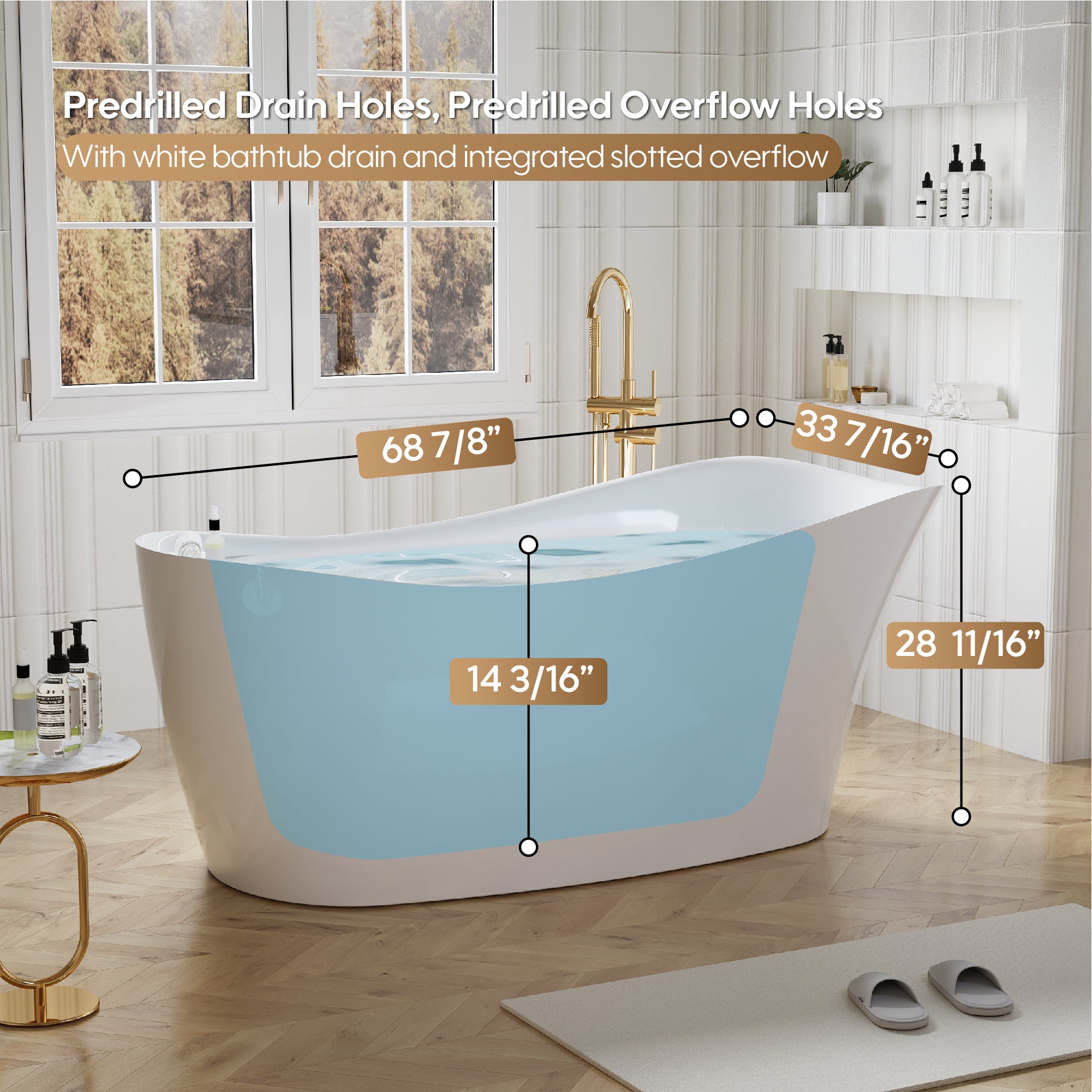 69" Freestanding Glossy White Acrylic Bathtub with Slotted Overflow and Drainer