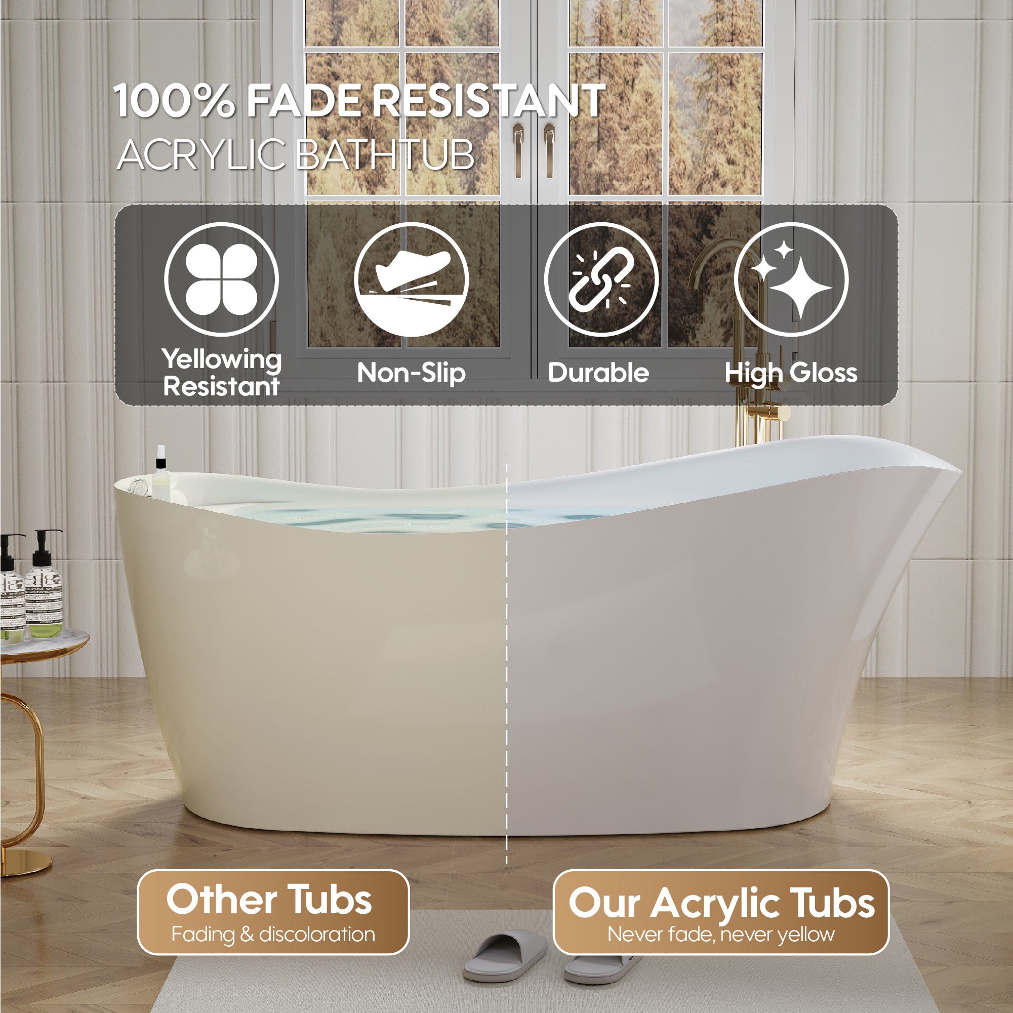 69" Freestanding Glossy White Acrylic Bathtub with Slotted Overflow and Drainer